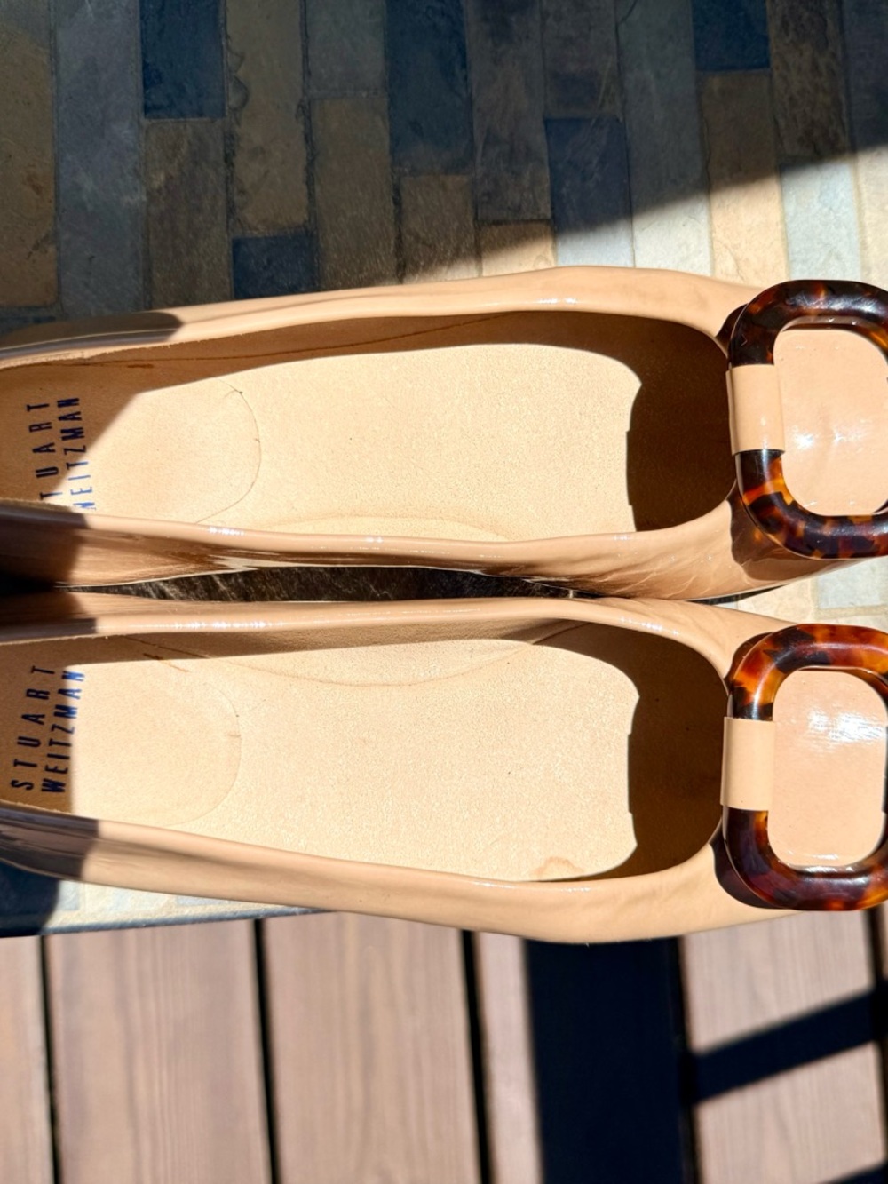 Stuart Weitzman Nude Patent Ballet Flats with Tortoiseshell Buckle